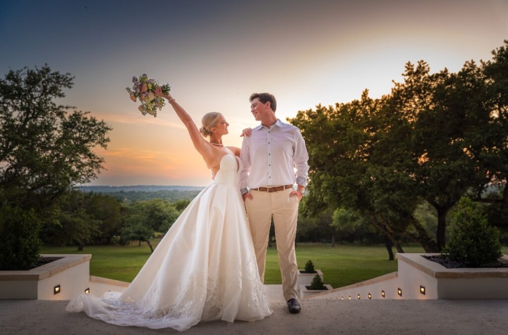 Sunset photos of bride and groom at The Arlo in Austin.